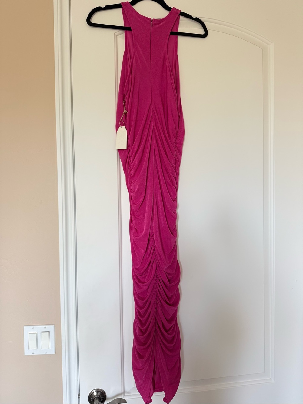 Sleeveless Ruched Midi Dress in Hot Pink